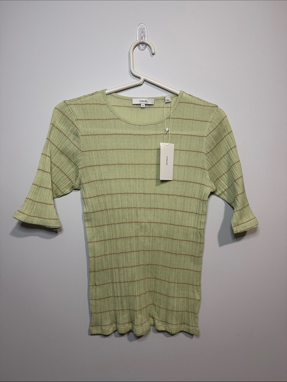 Vince Pale Green Ribbed Short Sleeve Top with Brown Stripes